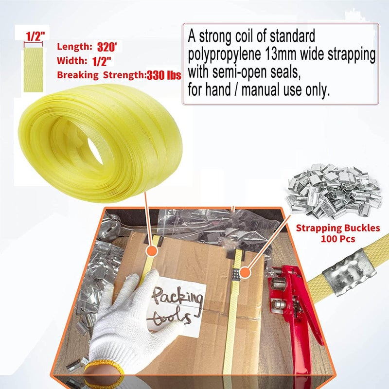 Palmarosa Poly Strap, Polypropylene Strapping, 320' Length, 1/2" Width, 330 lbs. Break Strength (Yellow), 100 pcs 5/8" Open Metal Clips for Packaging and Pallet Strapping Banding - Image 5